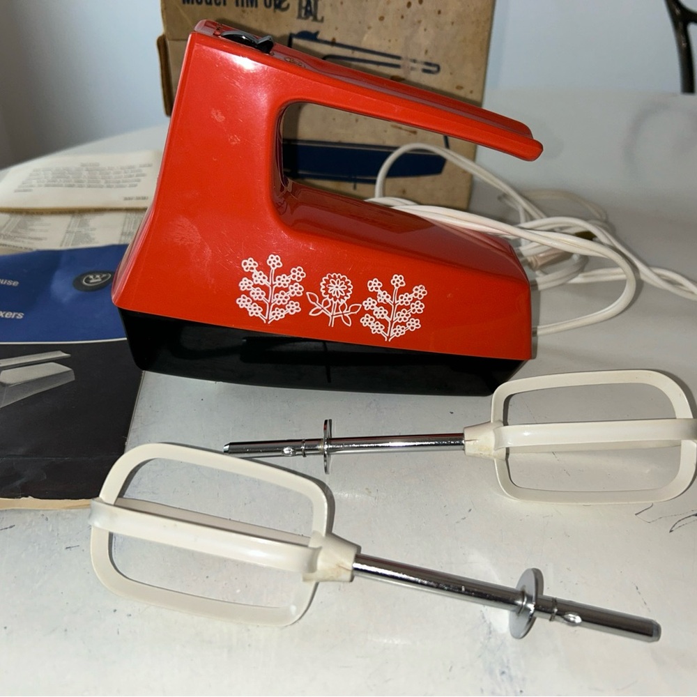 Vintage Westinghouse Reddish Orange Portable Hand Mixer with Attachments